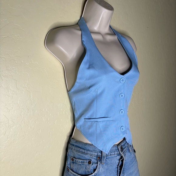 PrettyLittleThing Light Blue Halter Vest Style Tank Top Size 2 - Picture 3 of 8